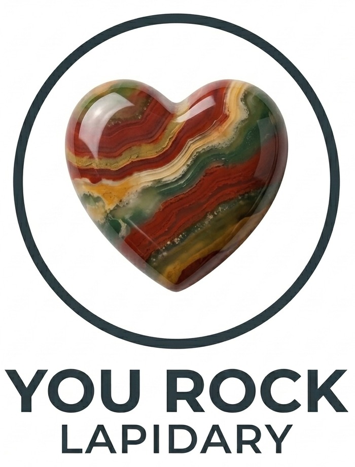 You Rock Lapidary logo: a banded red and green stone heart inside a circle